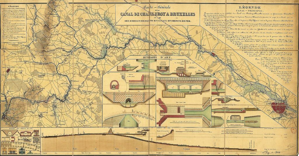 bibliothèque en ligne Gallica sous l'identifiant ARK btv1b531195301 Carte générale du canal de Charleroy à Bruxelles et de ses embranchements en canaux et chemins de fer - 1839 - Jean-Baptiste Vifquain feuille en couleur ; 55 x 104 cm.