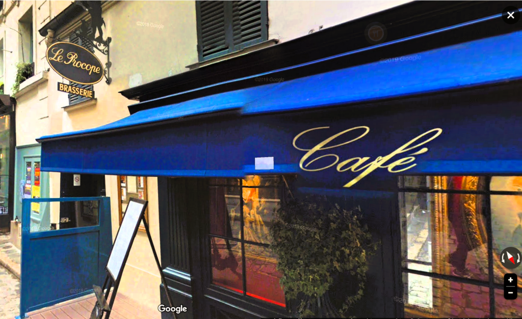 Le Café Procope, Paris, 2 Cr du Commerce Saint-André . Image Google Maps.